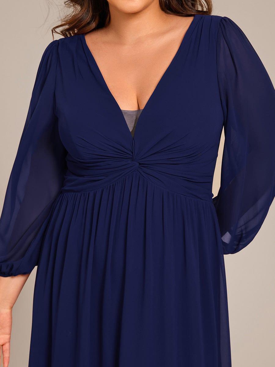 V-Neck Plus Size A-Line Pleated Long Sleeves Chiffon Formal Evening Dress