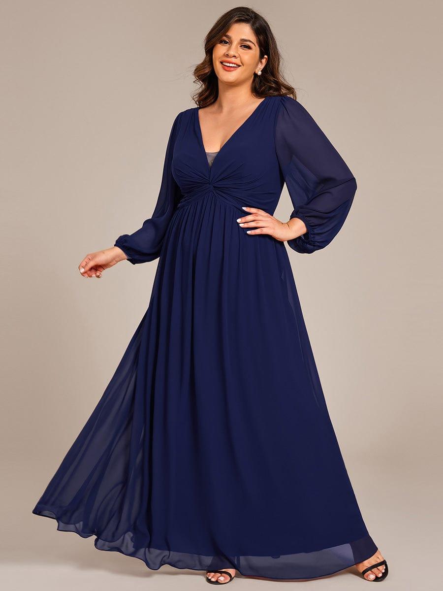 V-Neck Plus Size A-Line Pleated Long Sleeves Chiffon Formal Evening Dress