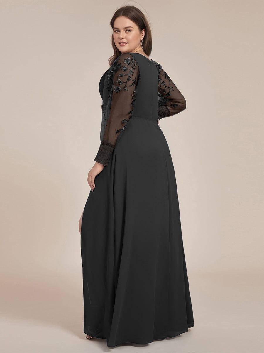 Plus Size A-Line High Slit Appliques Long Sleeve Chiffon Formal Evening Dress