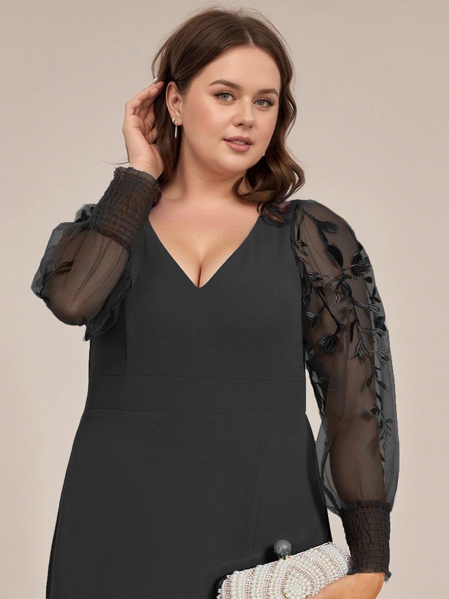 Plus Size A-Line High Slit Appliques Long Sleeve Chiffon Formal Evening Dress