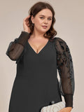 Plus Size A-Line High Slit Appliques Long Sleeve Chiffon Formal Evening Dress