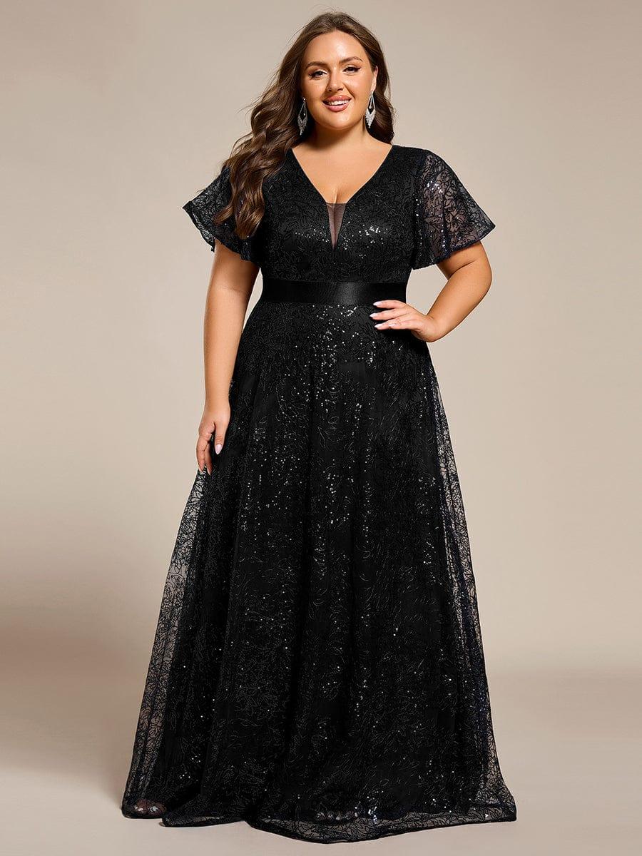 A-Line Illusion V-neck Short Sleeve Sequin Empire-Waist Formal Dress