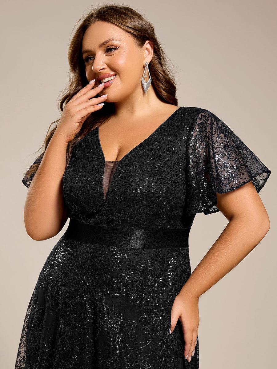 A-Line Illusion V-neck Short Sleeve Sequin Empire-Waist Formal Dress