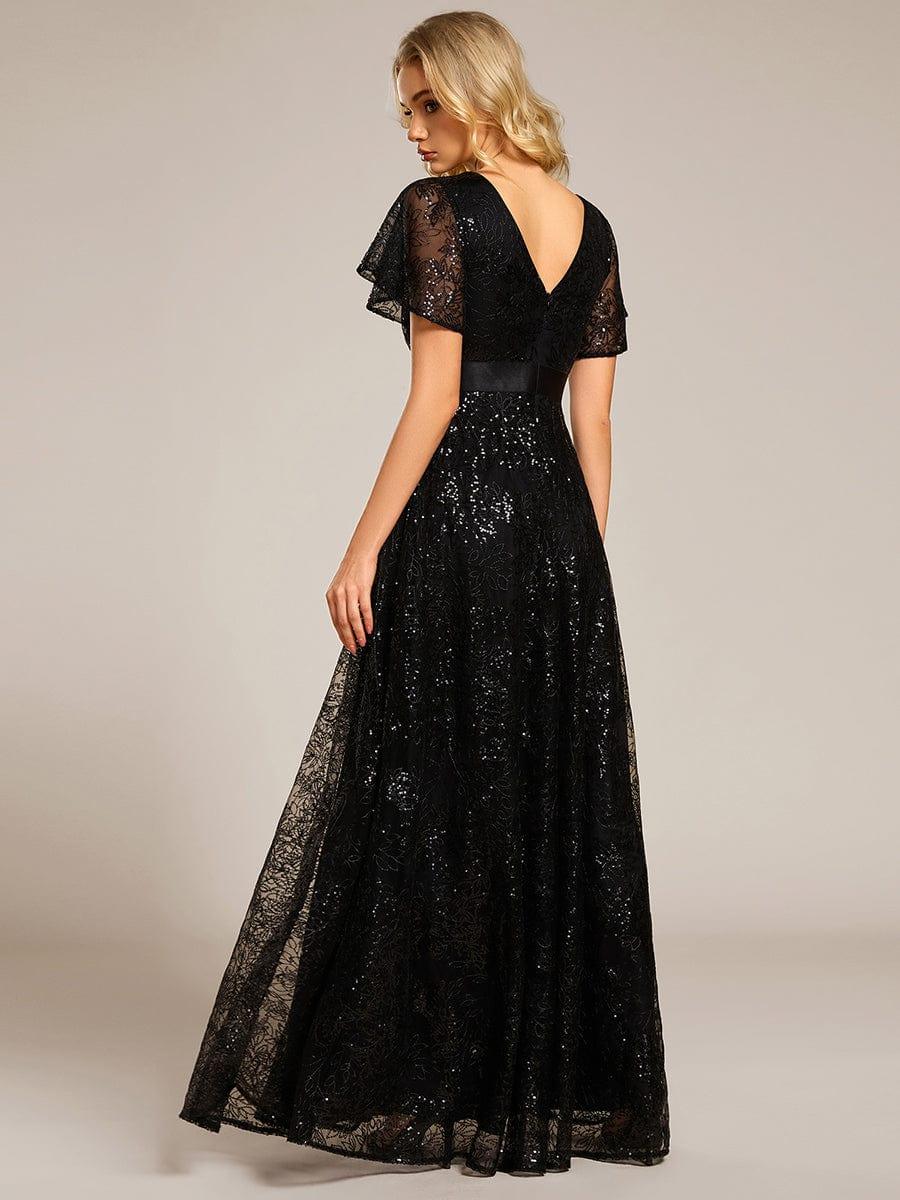 A-Line Illusion V-neck Short Sleeve Sequin Empire-Waist Formal Dress