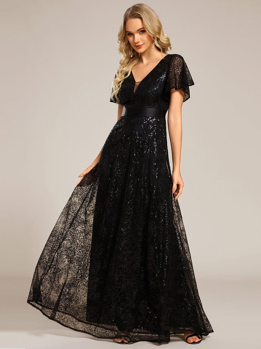 A-Line Illusion V-neck Short Sleeve Sequin Empire-Waist Formal Dress
