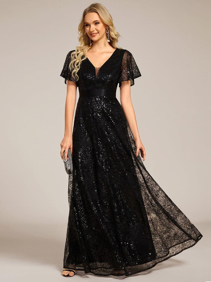 A-Line Illusion V-neck Short Sleeve Sequin Empire-Waist Formal Dress