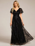 A-Line Illusion V-neck Short Sleeve Sequin Empire-Waist Formal Dress