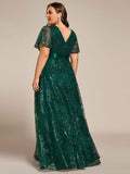 Plus Size A-Line Illusion V-neck Short Sleeve Formal Dress with Sequins