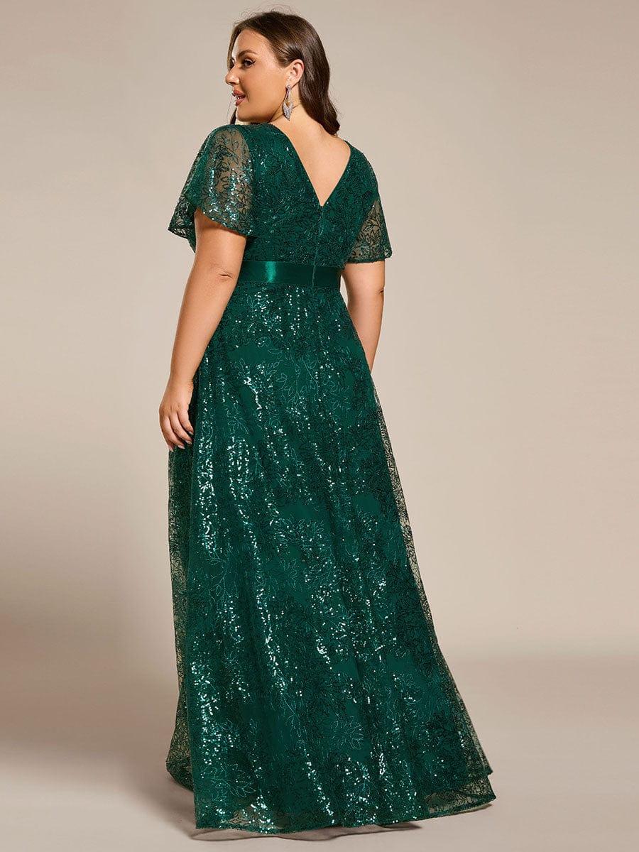 A-Line Illusion V-neck Short Sleeve Sequin Empire-Waist Formal Dress