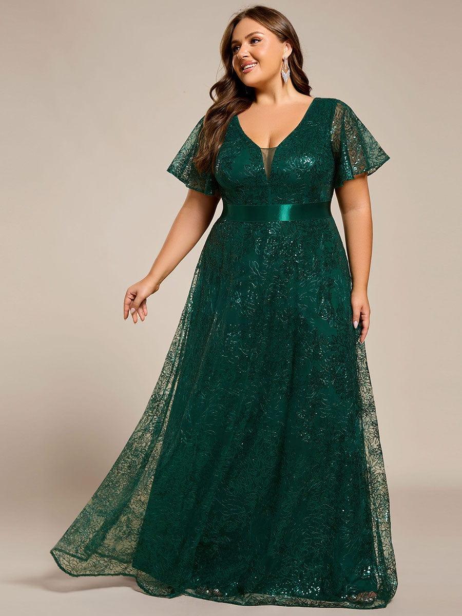 Plus Size A-Line Illusion V-neck Short Sleeve Formal Dress with Sequins
