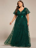 Plus Size A-Line Illusion V-neck Short Sleeve Formal Dress with Sequins