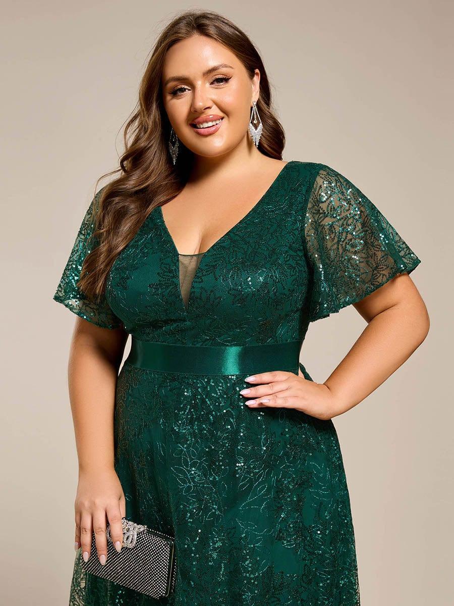 Plus Size A-Line Illusion V-neck Short Sleeve Formal Dress with Sequins