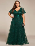 Plus Size A-Line Illusion V-neck Short Sleeve Formal Dress with Sequins