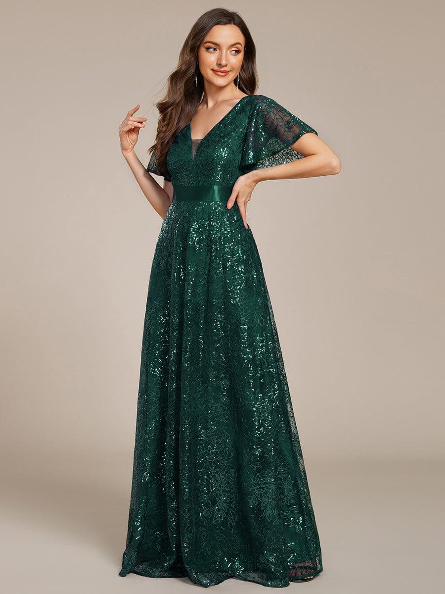 A-Line Illusion V-neck Short Sleeve Sequin Empire-Waist Formal Dress