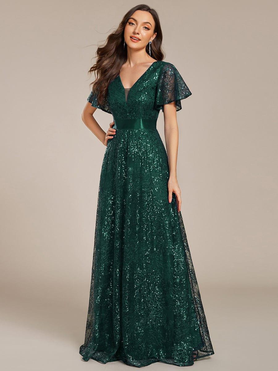 A-Line Illusion V-neck Short Sleeve Sequin Empire-Waist Formal Dress