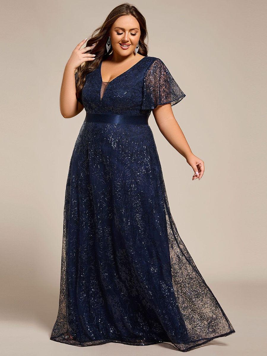 Plus Size A-Line Illusion V-neck Short Sleeve Formal Dress with Sequins