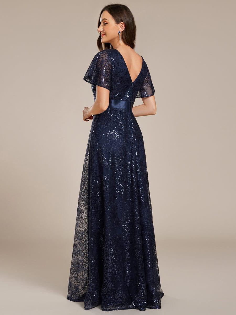A-Line Illusion V-neck Short Sleeve Sequin Empire-Waist Formal Dress