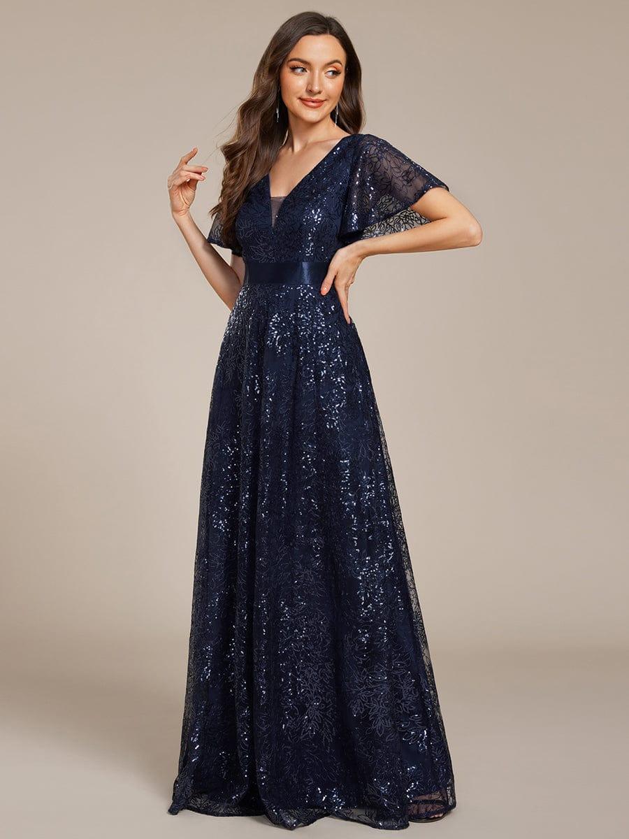 A-Line Illusion V-neck Short Sleeve Sequin Empire-Waist Formal Dress