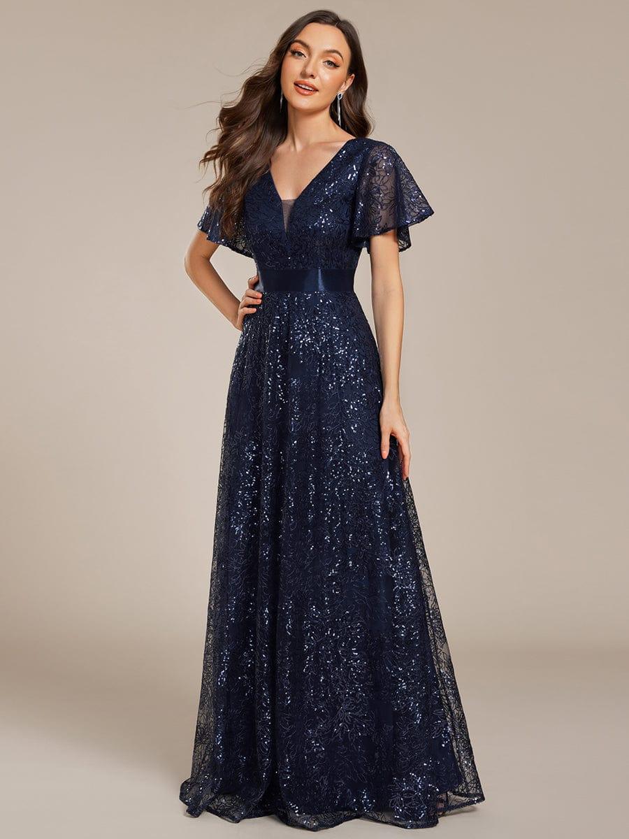 A-Line Illusion V-neck Short Sleeve Sequin Empire-Waist Formal Dress