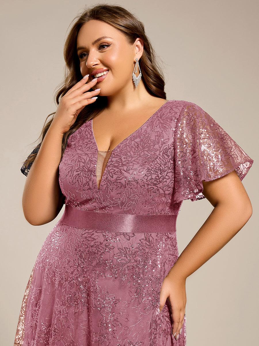 A-Line Illusion V-neck Short Sleeve Sequin Empire-Waist Formal Dress