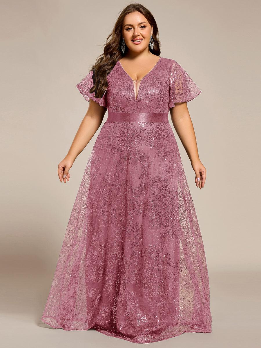 A-Line Illusion V-neck Short Sleeve Sequin Empire-Waist Formal Dress