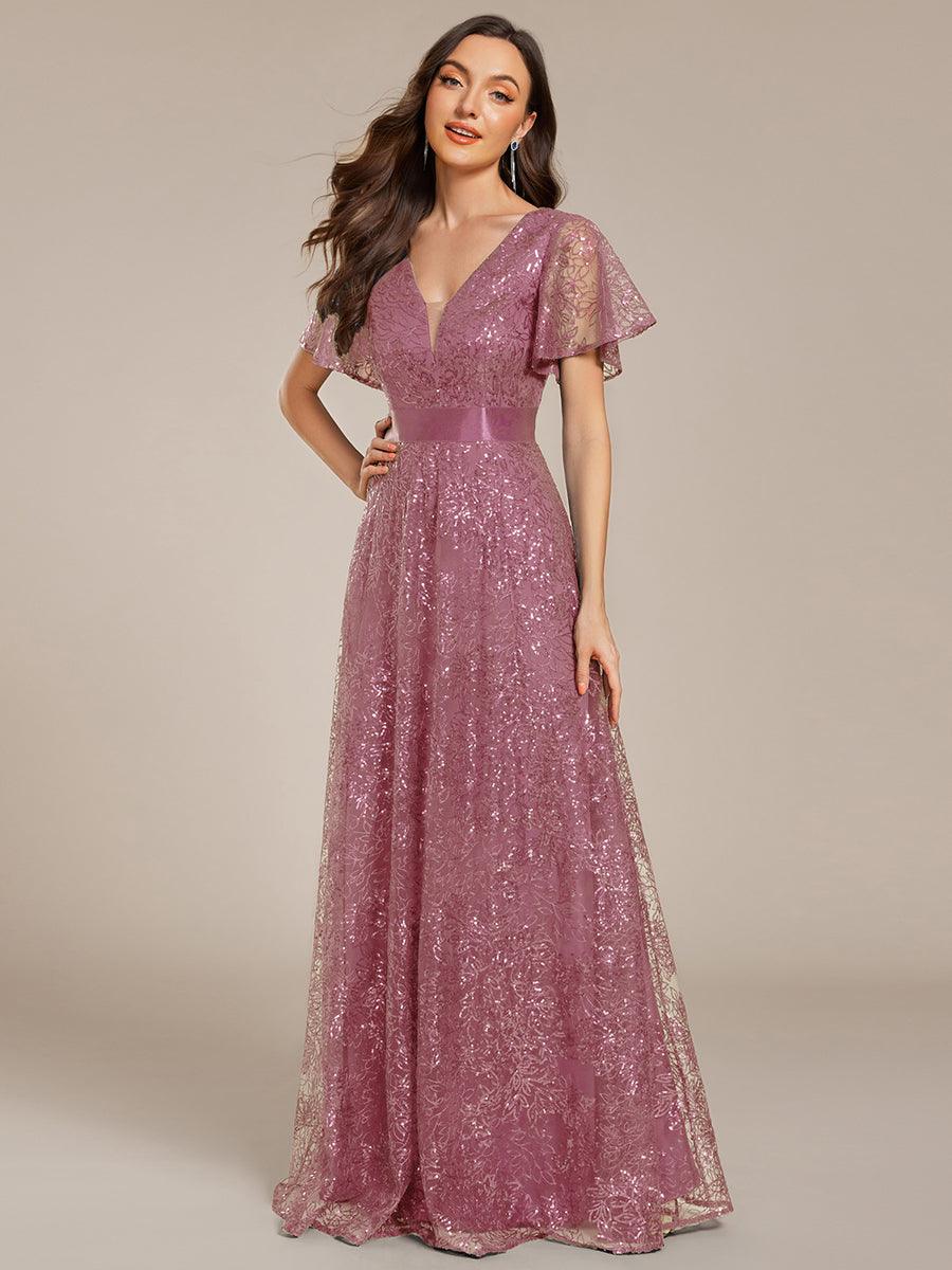 A-Line Illusion V-neck Short Sleeve Sequin Empire-Waist Formal Dress