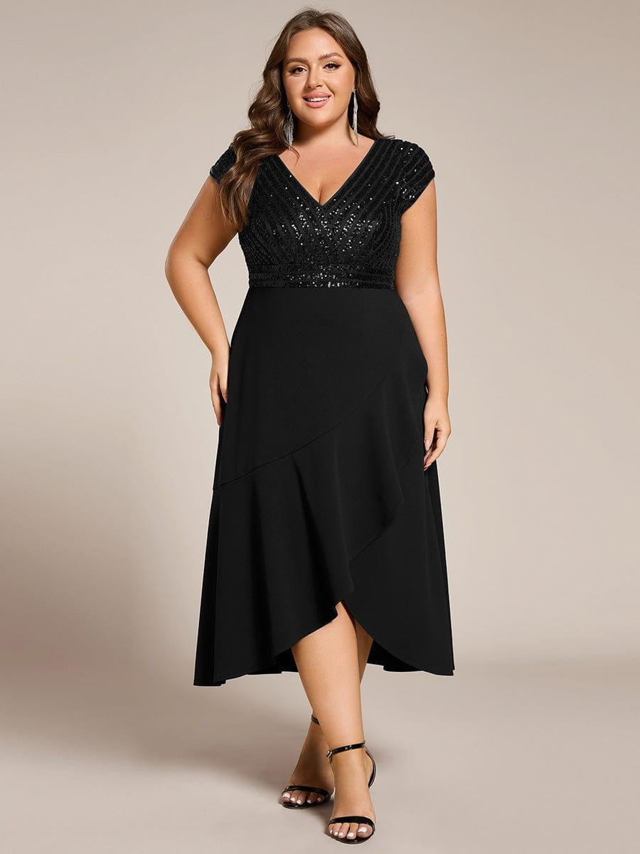 A-Line Plus Size V-Neck Sequin Ruffles Formal Dress with Short Sleeve