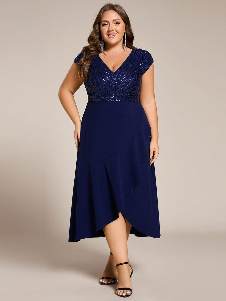 A-Line Plus Size V-Neck Sequin Ruffles Formal Dress with Short Sleeve