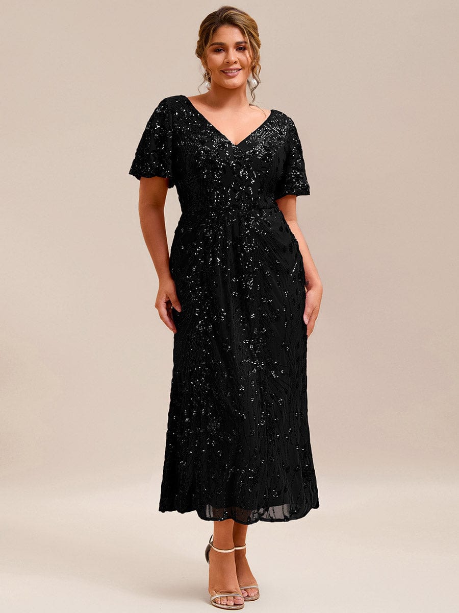 Plus Size Mermaid Sequin Appliques Short Sleeves Formal Dress