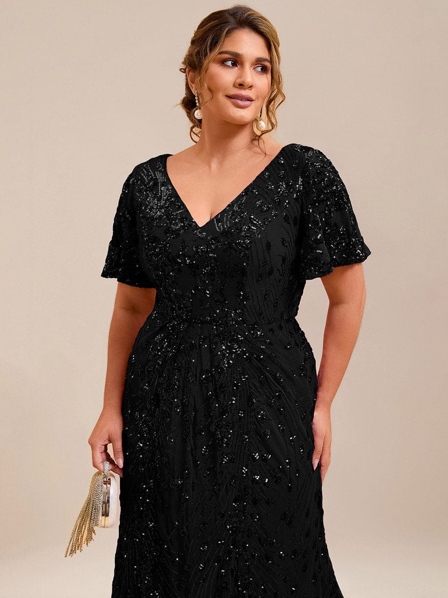 Plus Size Mermaid Sequin Appliques Short Sleeves Formal Dress