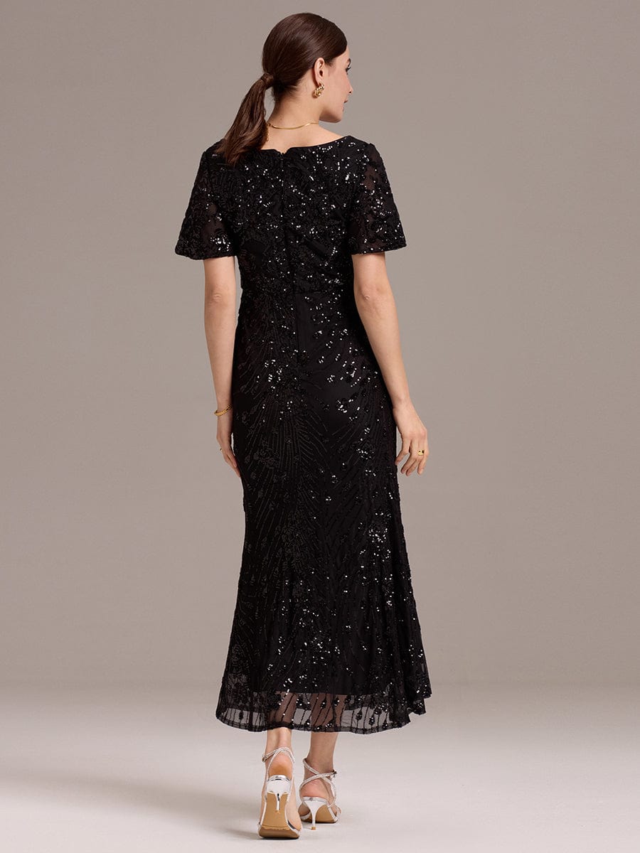 Mermaid Sequin Embroidery V-Neck Short Sleeves Formal Dress