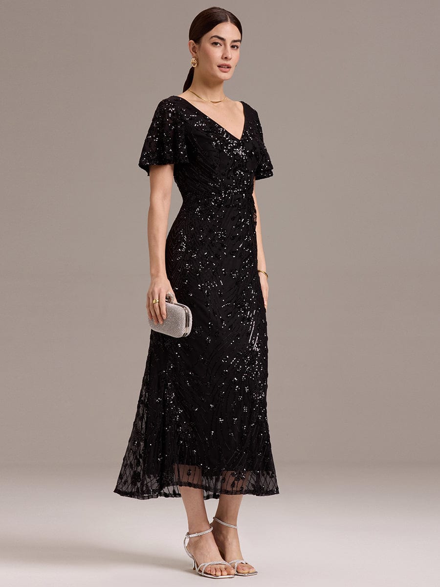 V-Neck Short Sleeves Embroidery Sequin Formal Wedding Guest Dress