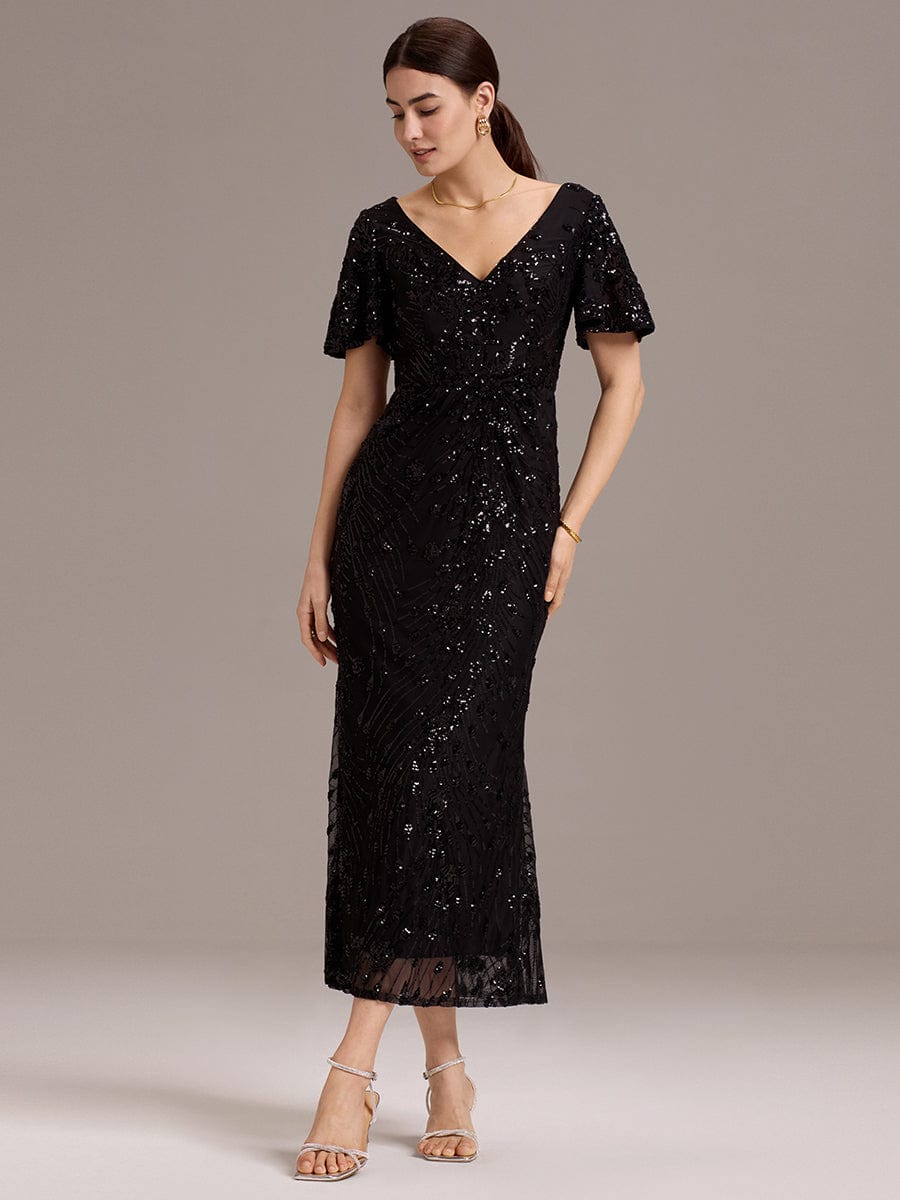 V-Neck Short Sleeves Embroidery Sequin Formal Wedding Guest Dress