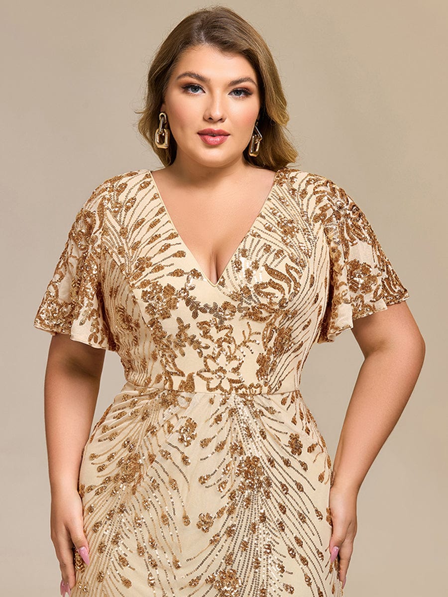 Plus Size Mermaid Sequin Appliques Short Sleeves Formal Dress