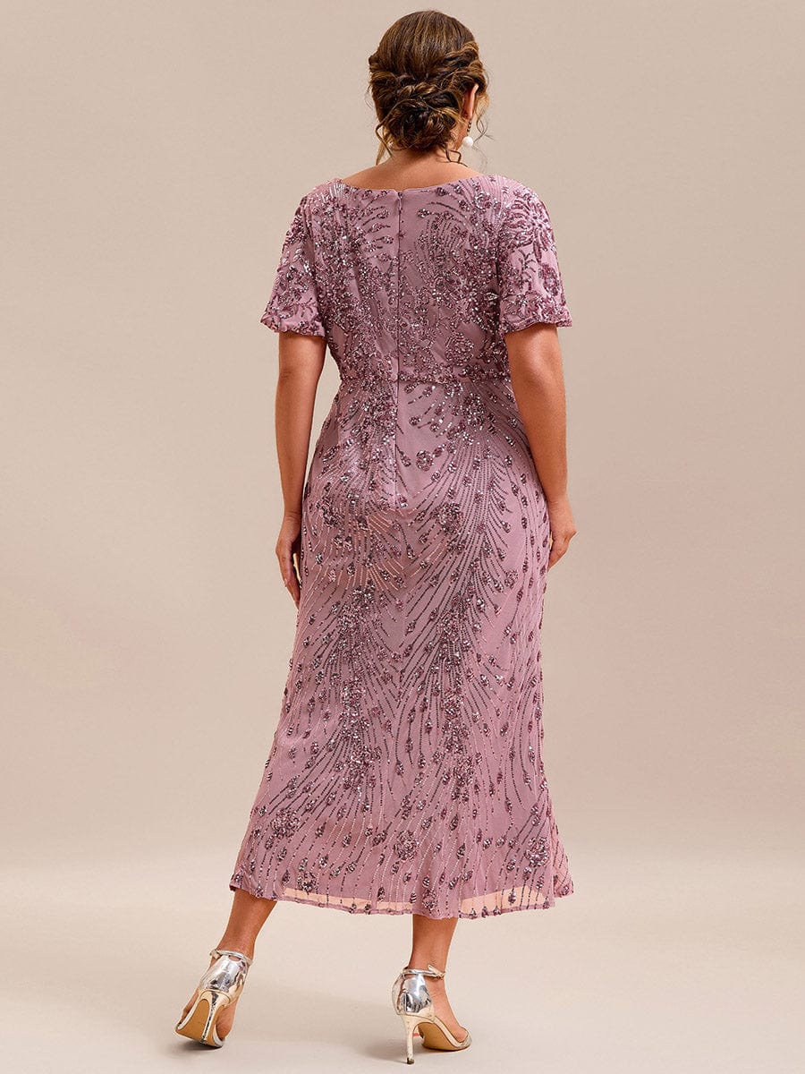 V-Neck Short Sleeves Embroidery Sequin Formal Wedding Guest Dress