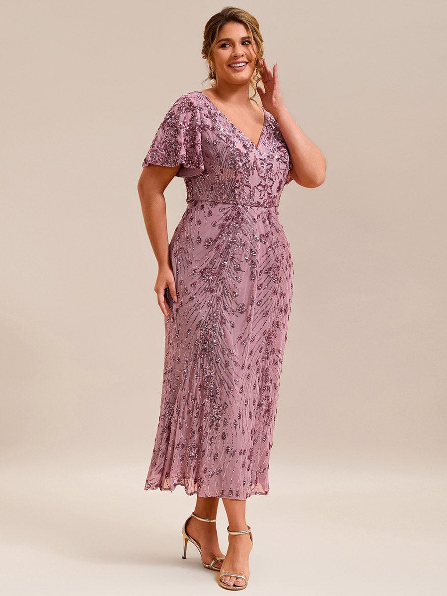 Plus Size Mermaid Sequin Appliques Short Sleeves Formal Dress