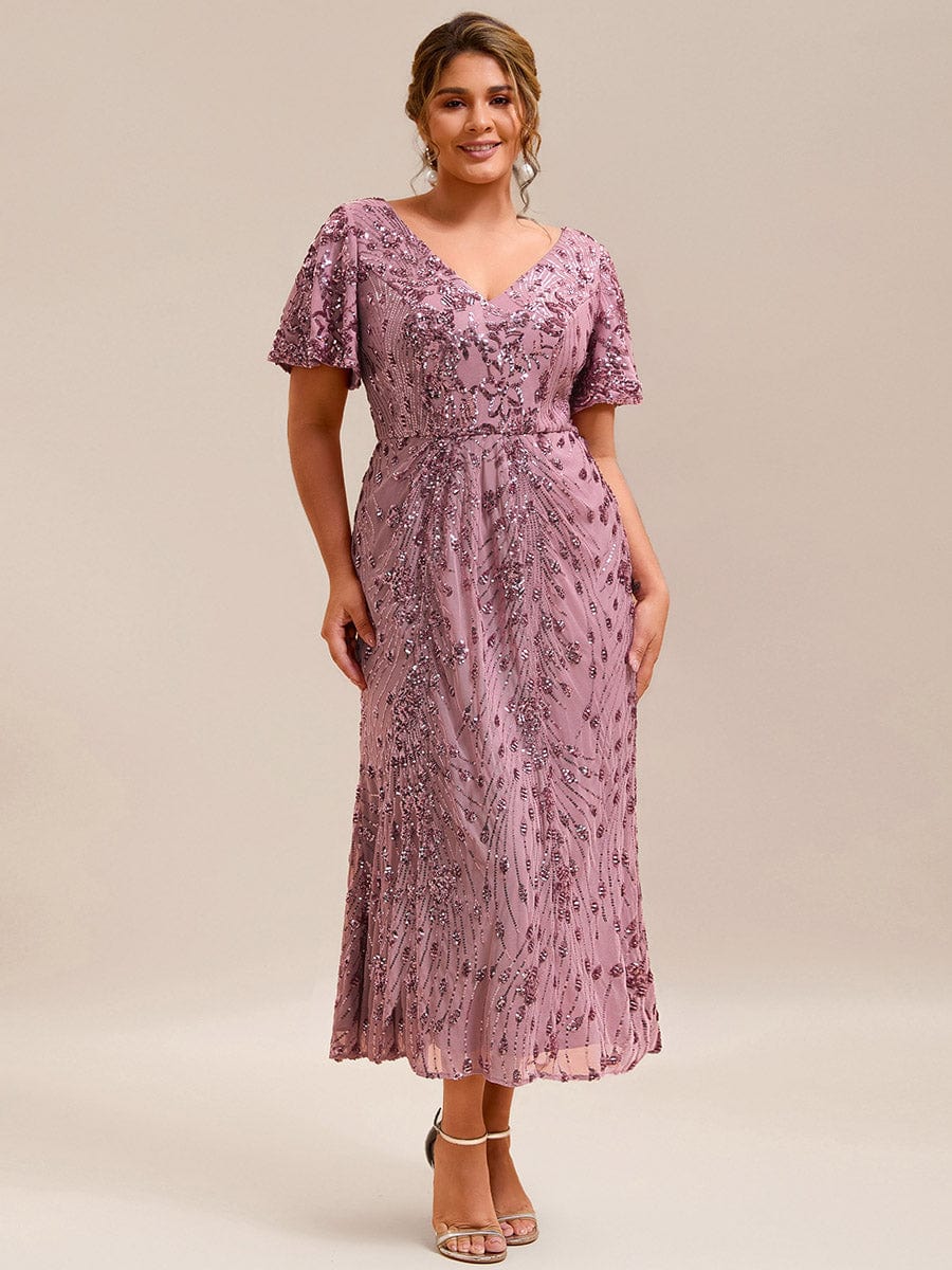Plus Size Mermaid Sequin Appliques Short Sleeves Formal Dress