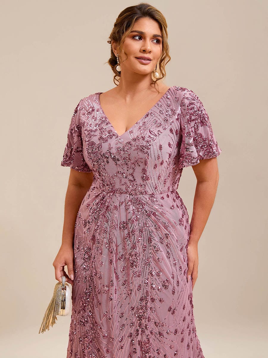Plus Size Mermaid Sequin Appliques Short Sleeves Formal Dress
