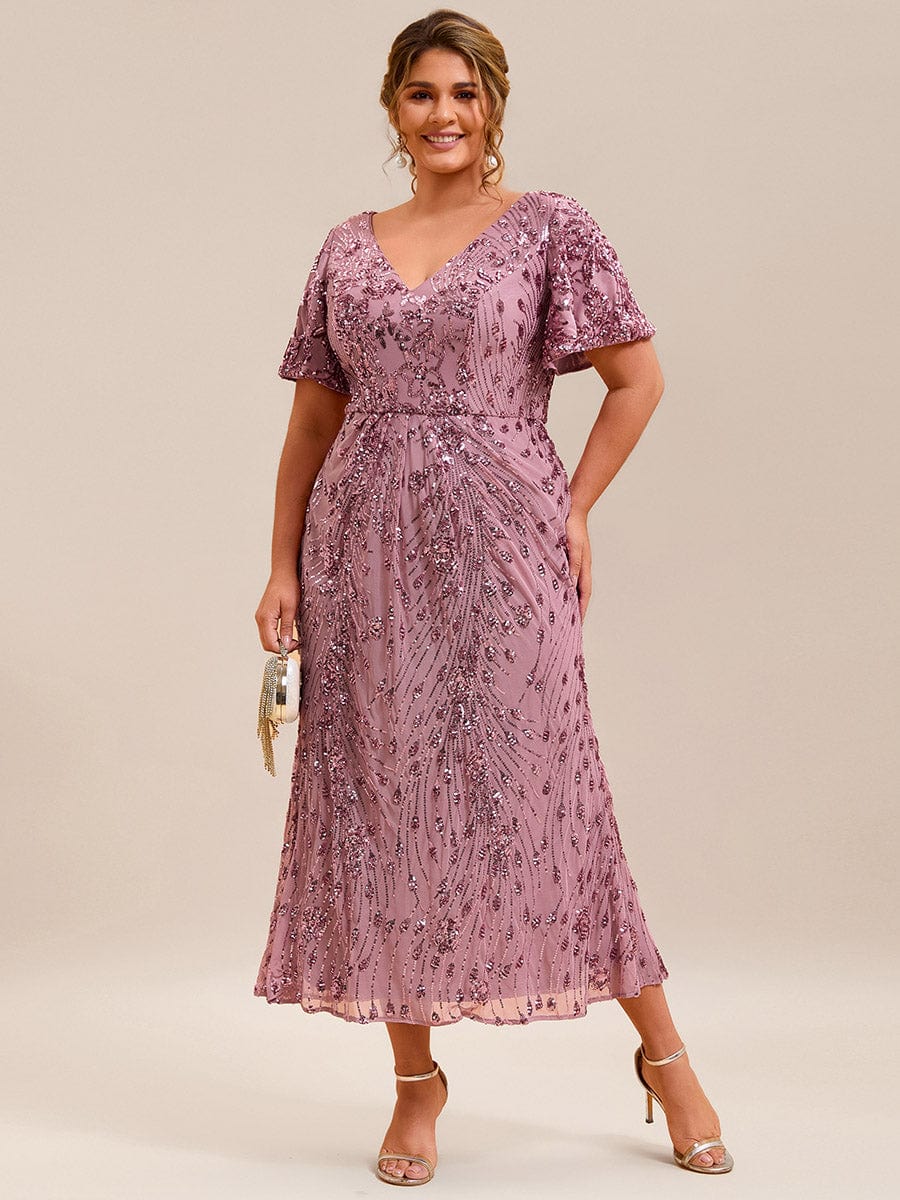Plus Size Mermaid Sequin Appliques Short Sleeves Formal Dress