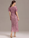 V-Neck Short Sleeves Embroidery Sequin Formal Wedding Guest Dress