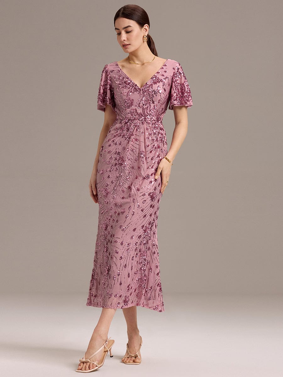 V-Neck Short Sleeves Embroidery Sequin Formal Wedding Guest Dress