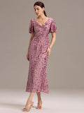 V-Neck Short Sleeves Embroidery Sequin Formal Wedding Guest Dress