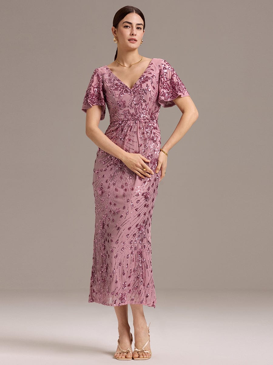 V-Neck Short Sleeves Embroidery Sequin Formal Wedding Guest Dress