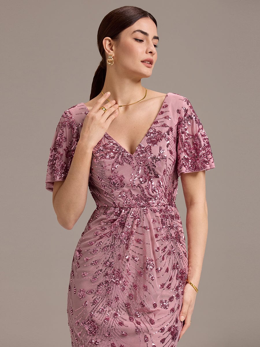 V-Neck Short Sleeves Embroidery Sequin Formal Wedding Guest Dress
