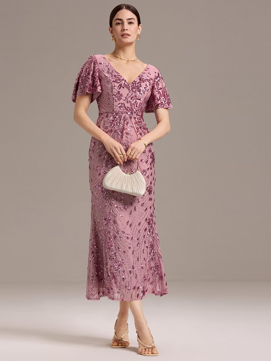 V-Neck Short Sleeves Embroidery Sequin Formal Wedding Guest Dress