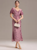 V-Neck Short Sleeves Embroidery Sequin Formal Wedding Guest Dress