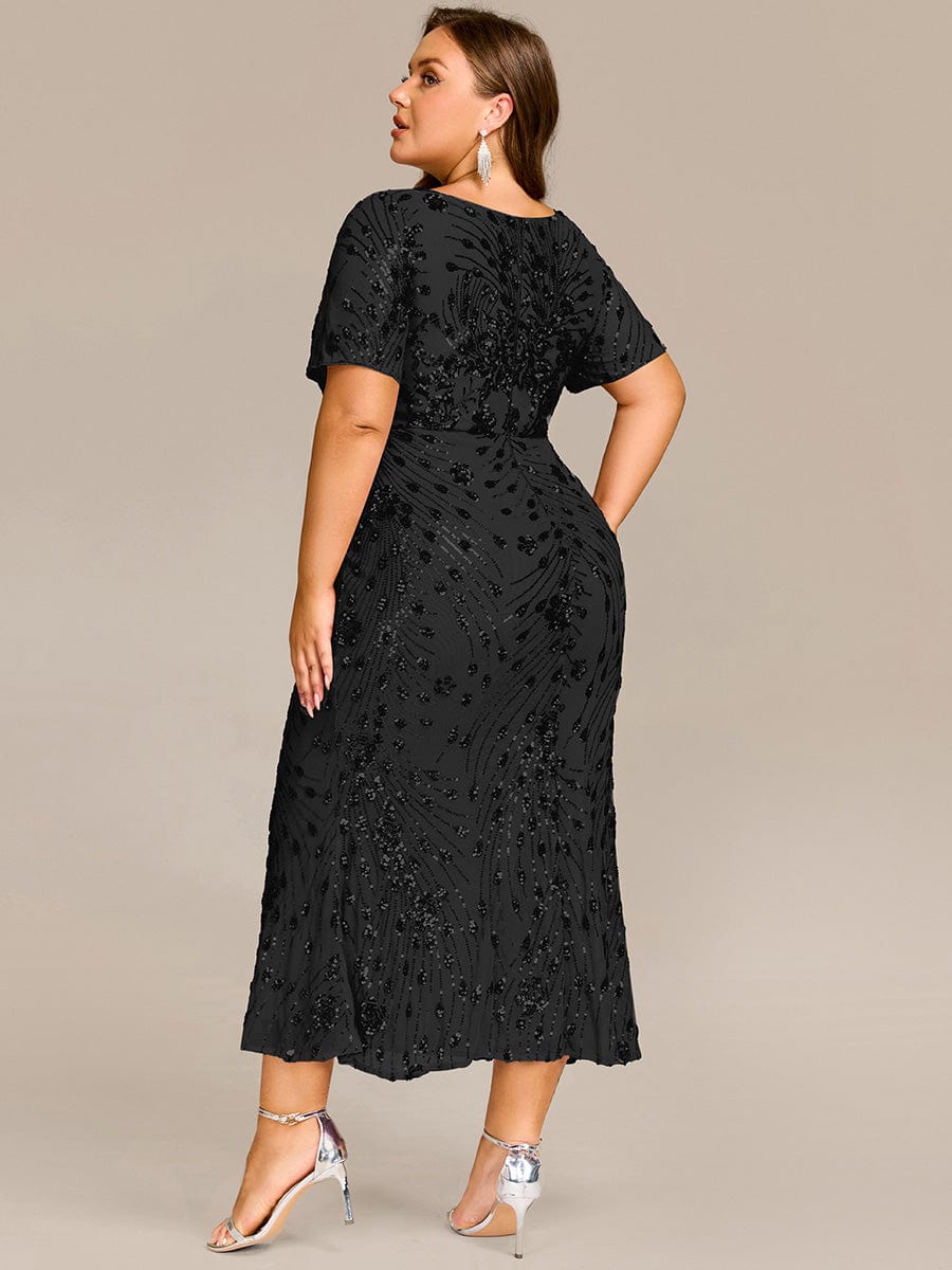 Plus Size Scoop Neck Sequin Appliques Mermaid Formal Dress with Sleeves