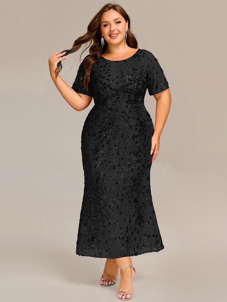 Plus Size Scoop Neck Sequin Appliques Mermaid Formal Dress with Sleeves