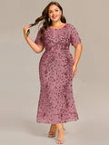 Plus Size Scoop Neck Sequin Appliques Mermaid Formal Dress with Sleeves