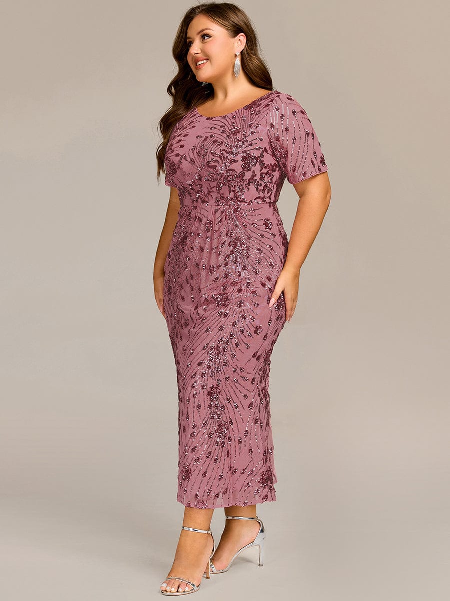 Plus Size Scoop Neck Sequin Appliques Mermaid Formal Dress with Sleeves